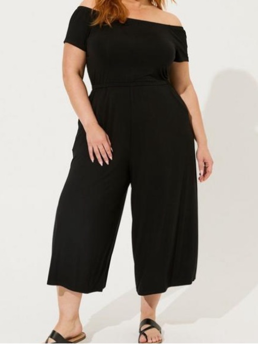 Torrid Super Soft Culotte Jumpsuit Black Off-Shoulder Wide-Leg One-Piece Romper